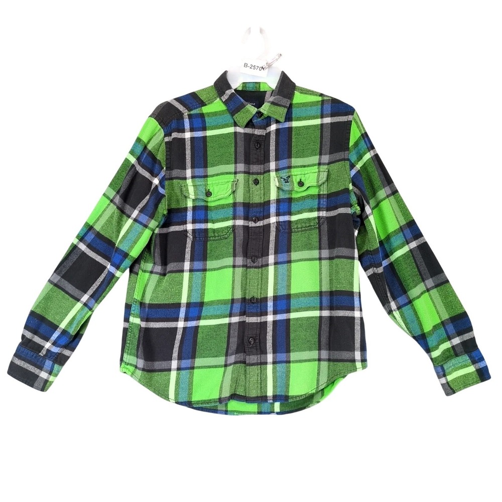 American Eagle Green Plaid Flannel Button Shirt Mens L Athletic Fit Grunge Fall